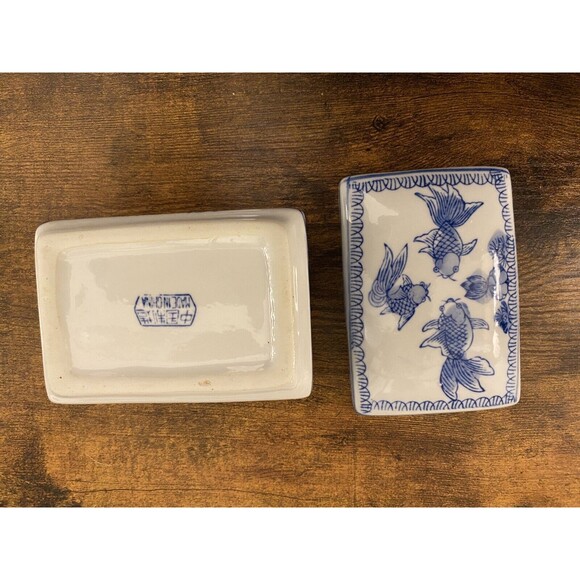 Blue and White Koi Fish Chinoiserie Trinket Box - Picture 5 of 7